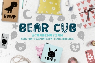 Bear cub Scandinavian kids font + brushes + patterns + MORE! Font Download