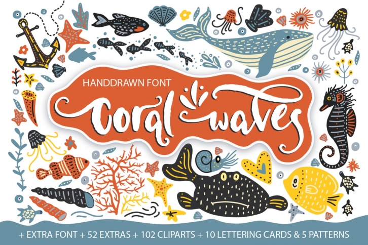Coral waves. Font and clip arts. Font Download