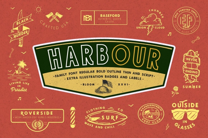 Harbour 5 Font Family & Extra Badges, illustration Font Download