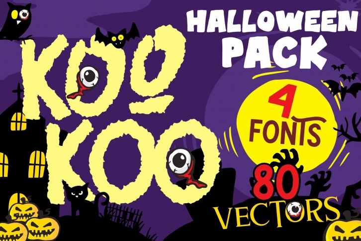 Kookoo 4 fonts and 80 vectors halloween Font Download