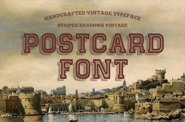 Postcard Font covered Striped Shadow - vintage typeface. Font Download