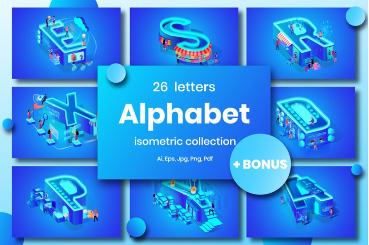 Blue Alphabet Character Isometric Font Download