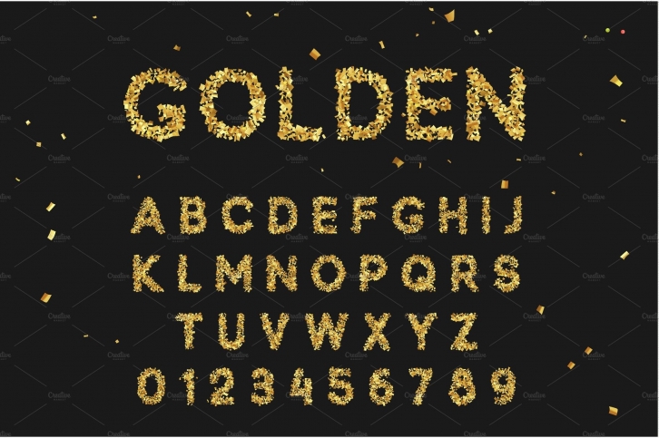 Font alphabet from gold confetti, letter golden serpentine. Font Download