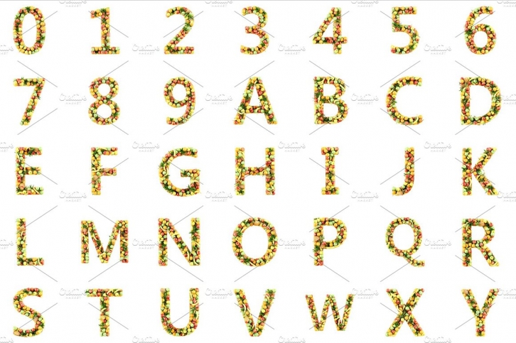 letters and numbers made from fruits Font Download