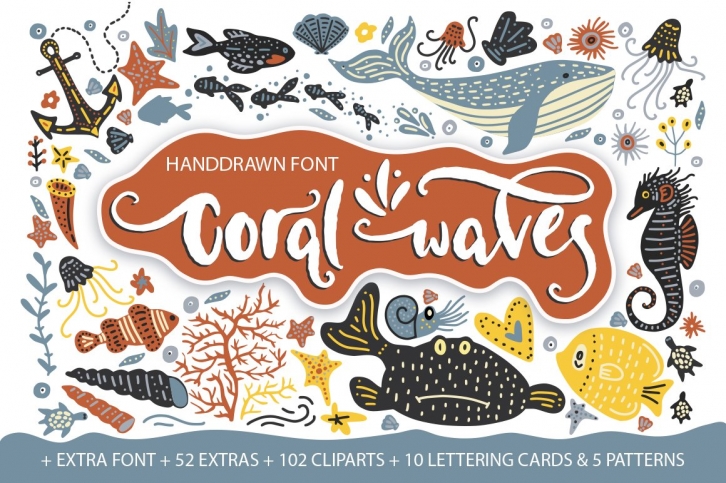 Coral waves. and clip arts. Font Download
